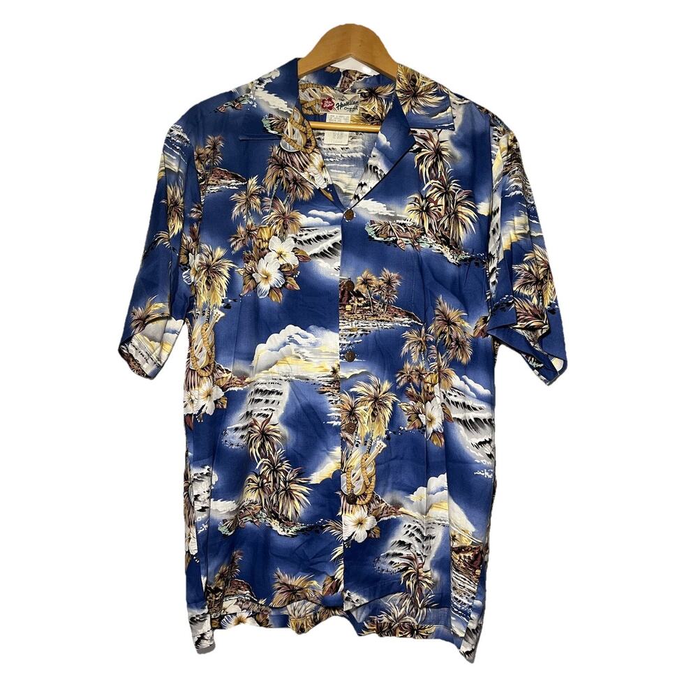 Vintage Hilo Hattie Men's Shirt Large Blue Hawaiian Floral Button Up Ukulele